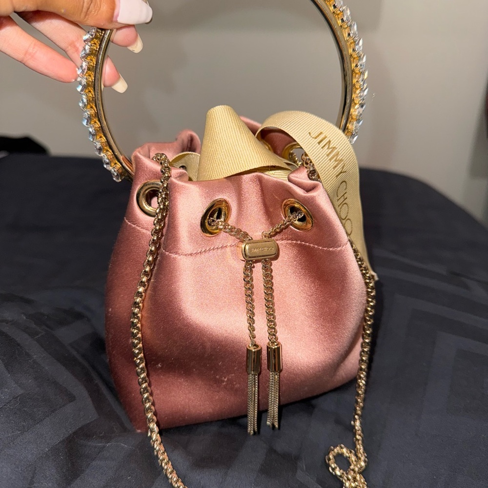Jimmy Choo Satin Crystal Embellished Top Handle Bon Bon Bag Blush